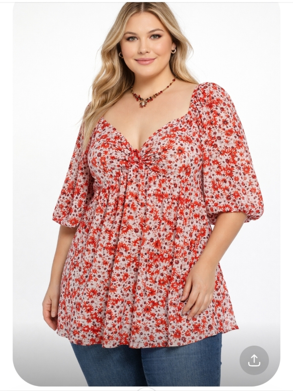Skye’s The Limit Red Floral Peasant Top 1X Boho Babydoll Blouse